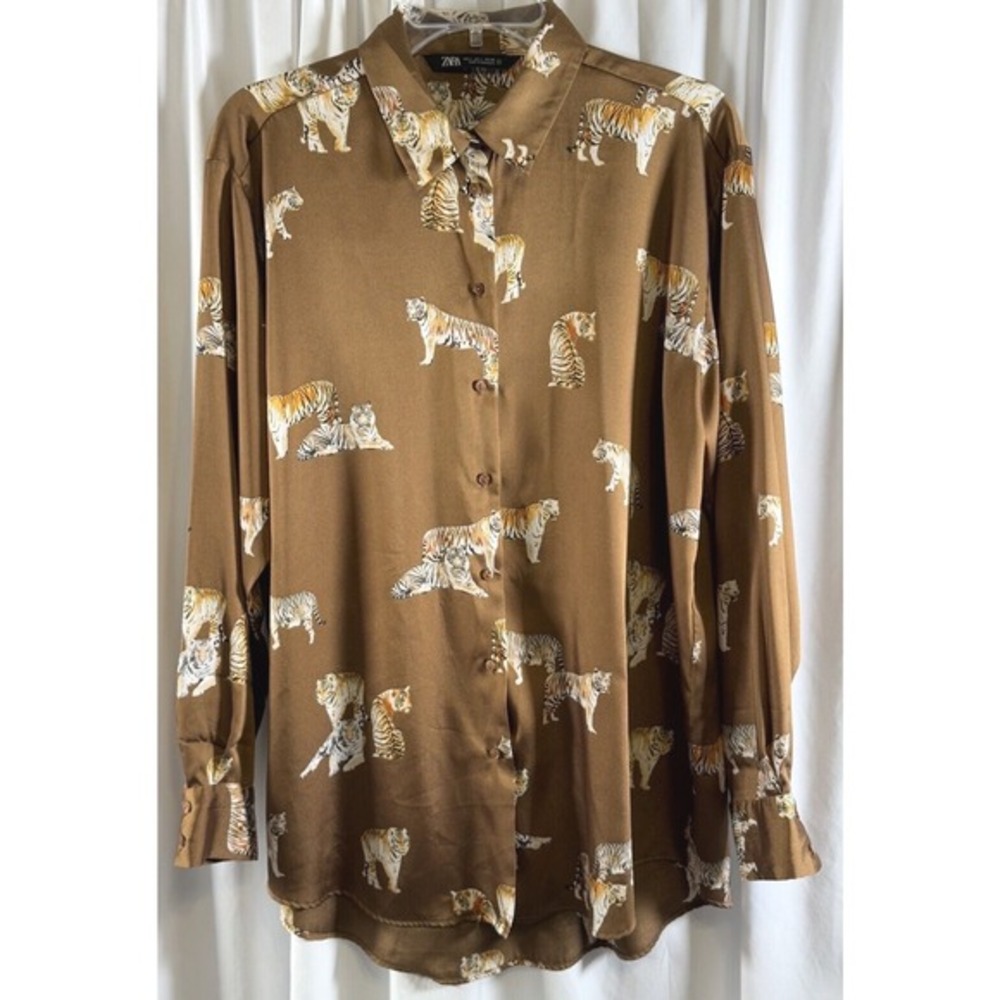 ZARA‎ Tiger Print Long Sleeve Button Down Shirt Women's L Brown Preppy  72-27 - Picture 15 of 15